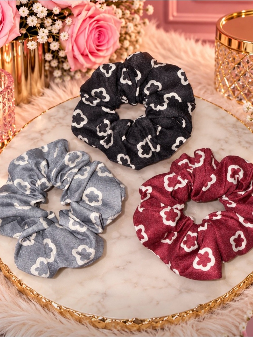 Floral Pattern Satin Scrunchie Trio - Black, Gray, Burgundy